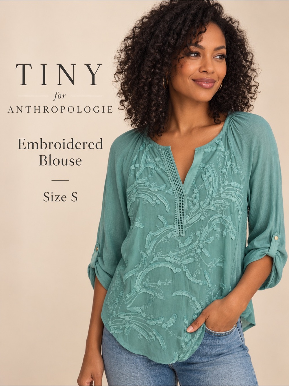 TINY Anthropologie Teal Embroidered Split Neck Roll Tab Blouse Size S